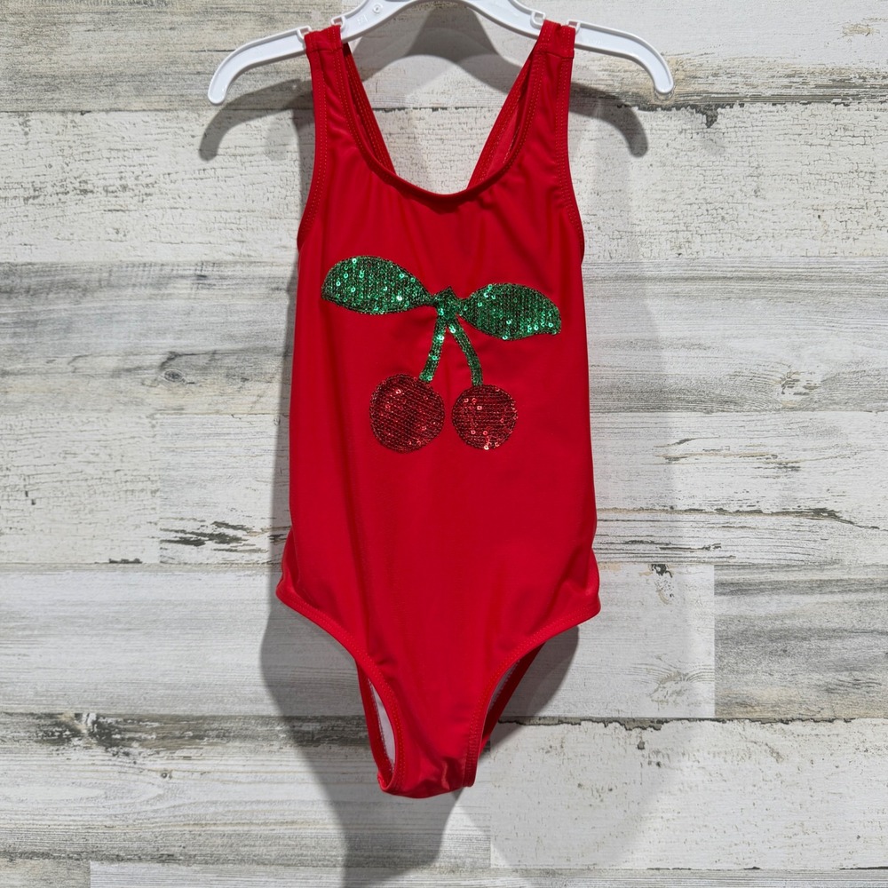 One Piece Swimsuit Girls 6 Red Sequin Cherry Rockabilly EUC